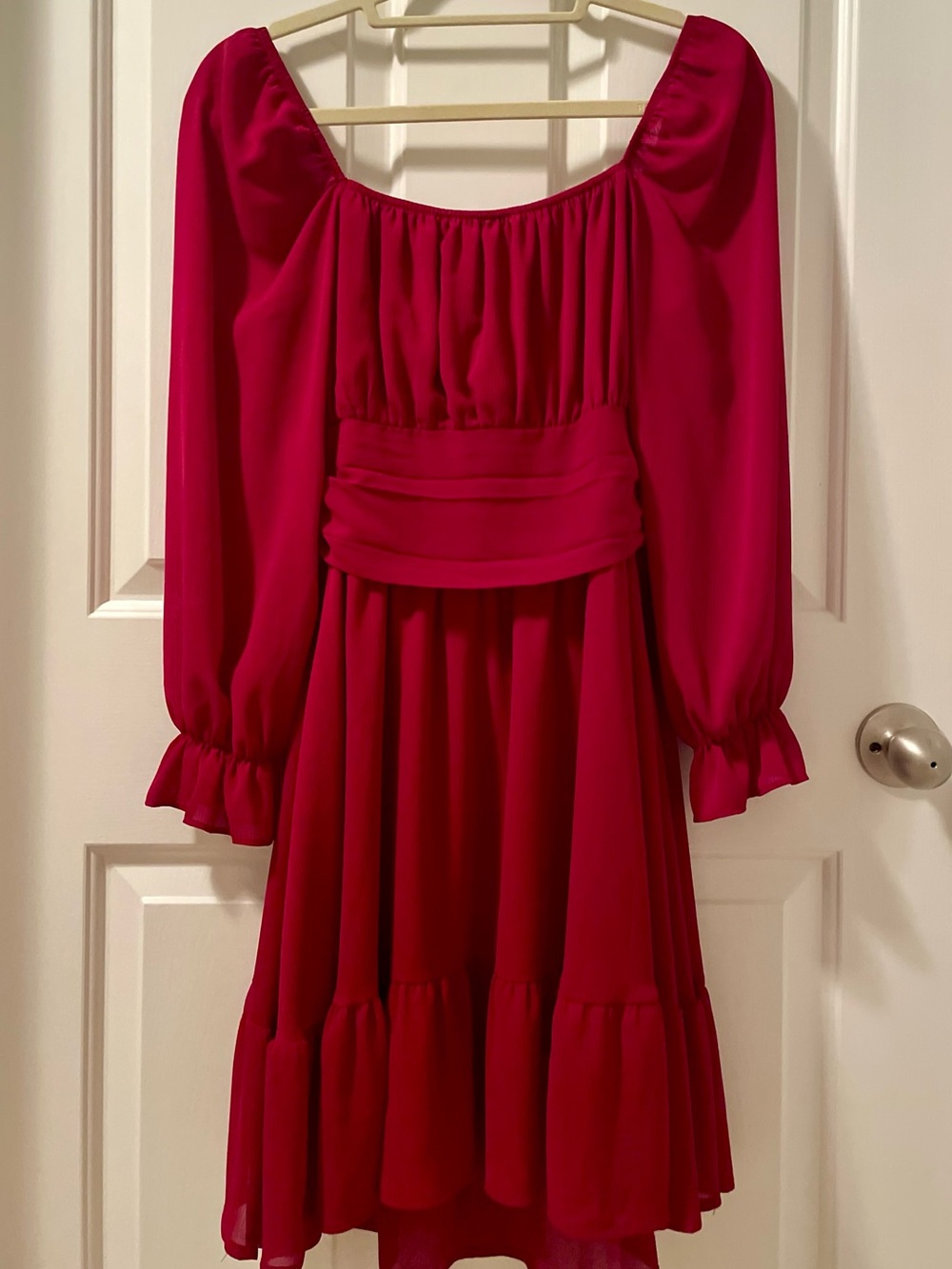 Red Puff Sleeve Ruffled Waist Cocktail Dress